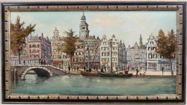 European Canal Scene Oil Painting by Bessie Kennedy