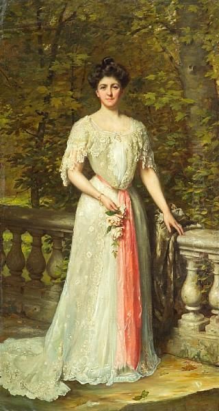 A Portrait Of A Lady In A White Dress With A Pink Sash By A Balustrade Oil Painting by Thomas Benjamin Kennington