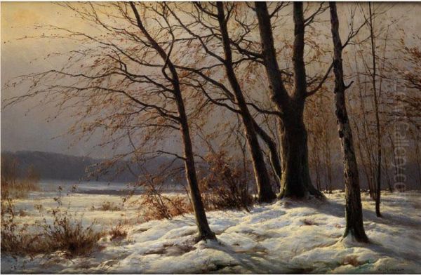 Winterliche Waldlandschaft Mit Jungenbaumen Am Waldrand Oil Painting by Carl Kenzler