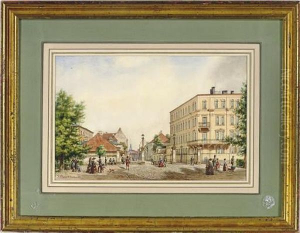 A Dresden Street Scene Oil Painting by Ludwig Kergel