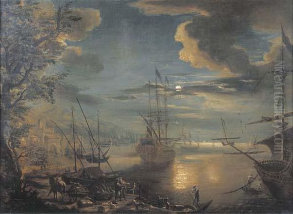 A Moon-lit Mediterranean Harbour View With Fishermen And Travellerson A Quay, Shipping Beyond Oil Painting by Benedikt Kern