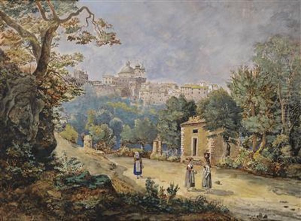 Aview Of Ariccia In The Albano Mountains With The Church Santa Mariaassunta Oil Painting by Leopold Kerpel