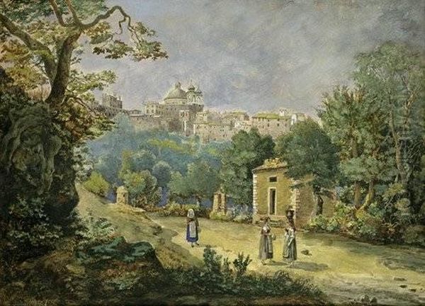 Blick Auf Ariccia In Den Albaner Bergen Mit Der Kirche Santamaria Assunta Und Dem Centro Storico Oil Painting by Leopold Kerpel