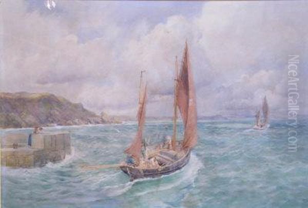 A Mevagissy Trawler Oil Painting by Frederick B. Kerr