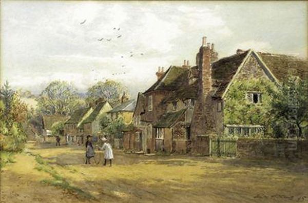 A Village Street With Two Children With A Hoop Oil Painting by Frederick B. Kerr