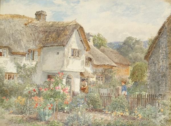 Women Tending A Garden Before A Country Cottage Oil Painting by Frederick B. Kerr