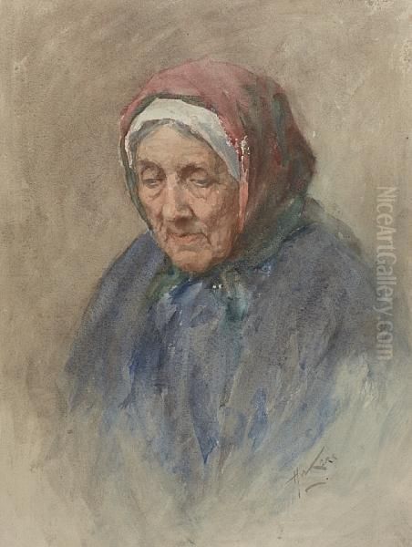 Old Woman In Red Headscarf Oil Painting by Henry Wright Kerr