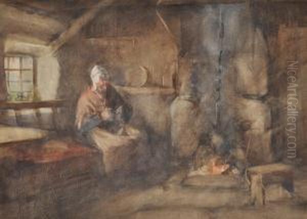 A Woman Knitting By A Fireplace Oil Painting by Henry Wright Kerr