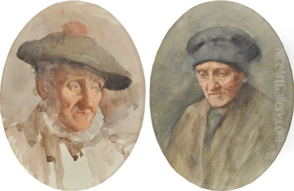 Elderly Scottish Man In Traditional Tam And Elderly Woman In A Cap Oil Painting by Henry Wright Kerr