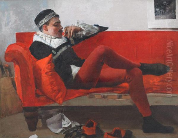 Actor In Shakespearean Costume Lounging On A Redsofa Oil Painting by James Kerr-Lawson