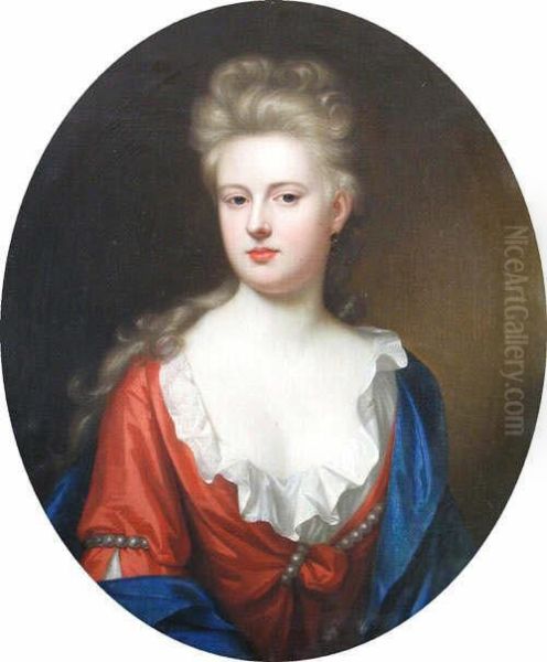 Portrait Of A Lady Wearing A Red Dress, Half Length, Oval Oil Painting by Frederick Kerseboom