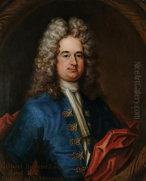 Portrait Half Length Of Gilbert Browne, Wearing A Blue Coat With Gold Embroidery And A White Stock, In A Painted Cartouche Oil Painting by Johannes Kerseboom