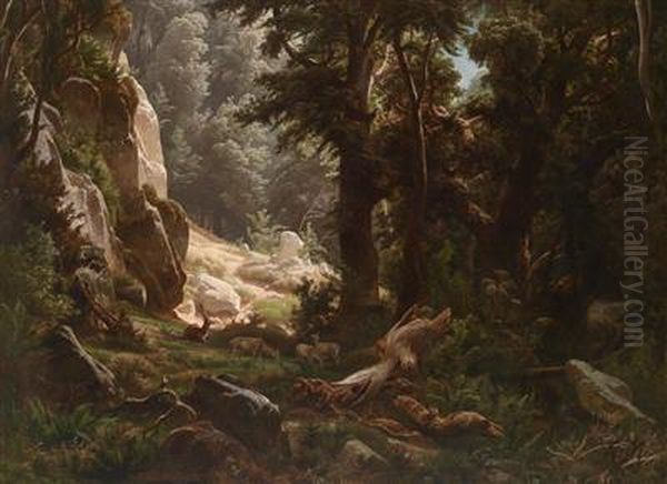 Red Deer In A Woodland Oil Painting by August Kessler