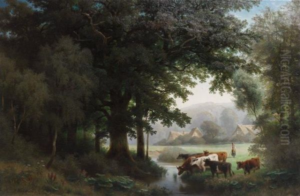 Les Vaches Au Pre Oil Painting by August Kessler