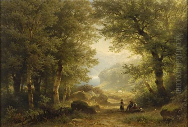 Bewaldete Seenlandschaft Mit Rastendem Landvolk. Oil Painting by August Kessler