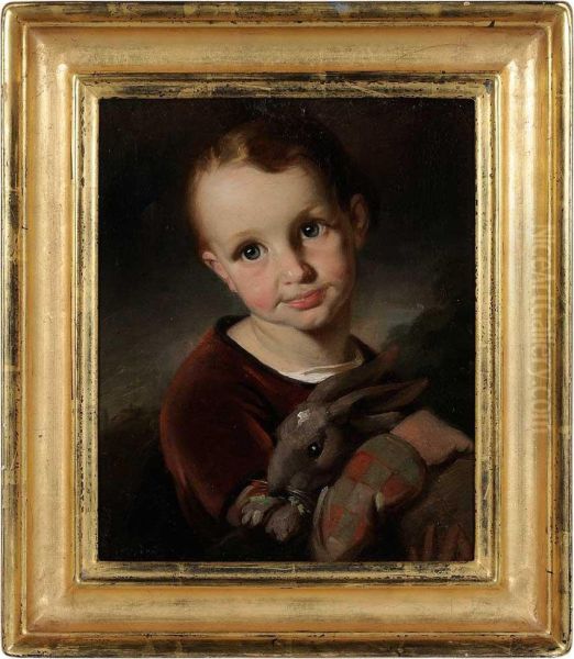 Boy Holding A Bunny Oil Painting by Christian Friedrich Kessler