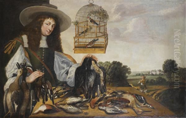 Portrait D'un Chasseur Devant Une Table Recouverte De Gibier : Becasse, Pic-vert, Perdrix Rouges, Bouvreuil, Perdrix Grises Et Canards Oil Painting by Stephan Kessler