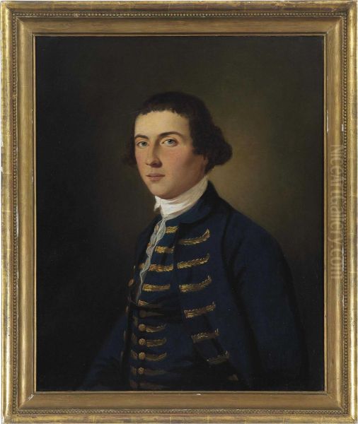 Portrait Of A Young Man, Half-length, In Blue Coat And Waistcoatwith Gold Embroidery Oil Painting by Tilly Kettle