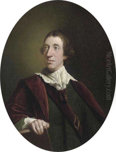 Portrait Of A Gentleman, Half-length, In A Green Coat And Redrobes, His Right Hand Resting On A Book Oil Painting by Tilly Kettle