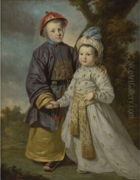 Portrait Of Two Children In Eastern Costumes Oil Painting by Tilly Kettle