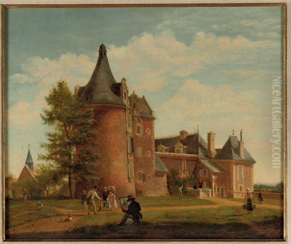 A Castle In A Landscape With Hunters, A Milkmaid, Figures Walkingand A Man Painting Oil Painting by Hendrik Keun