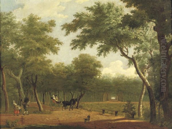 A Wooded Landscape With An Elegant Couple In A Horse-drawn Carriage Oil Painting by Hendrik Keun