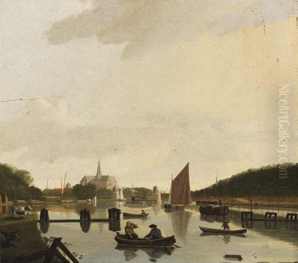 Haarlem: A View From The South-east, With The St. Bavo And The Catharina Bridge, The River Spaarne In The Foreground Oil Painting by Hendrik Keun