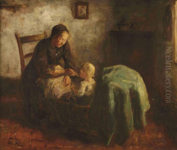 Interior With Mother And Child Oil Painting by Jacob Simon Hendrik Kever