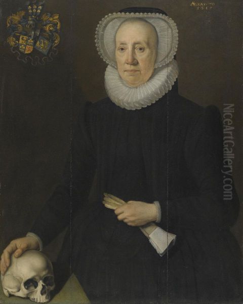 Portrait Of An Elderly Lady Of The Van Heemstra Family Of Friesland, Holding A Pair Of Gloves And With Her Right Hand Resting On A Skull Oil Painting by Willem Key