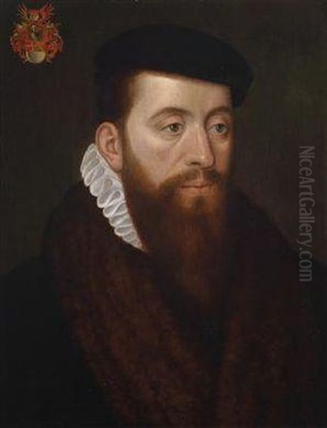 Portrait Of A Gentleman With His Coat-of-arms Upper Left Oil Painting by Willem Key