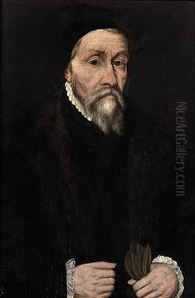 Portrait Of A Man, Half-length, In A Black Costume And Hat, Holdinga Pair Of Gloves Oil Painting by Willem Key