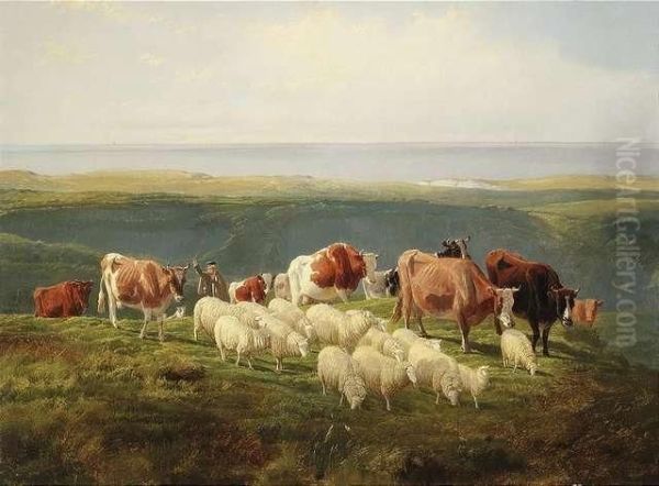 Flock Of Cattle And Sheep On A Pasture At Seashore Oil Painting by Friedrich Wilhelm Keyl