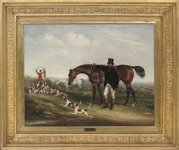 A Gentleman With His Hunter, A Hunt Beyond, In An Extensive Landscape Oil Painting by Friedrich Wilhelm Keyl