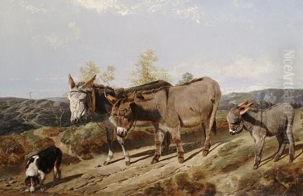 Donkeys On A Moorland Track, A Dog In The Foreground Oil Painting by Friedrich Wilhelm Keyl