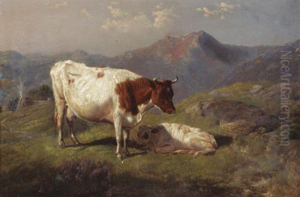 Hillside Cattle Oil Painting by Friedrich Wilhelm Keyl