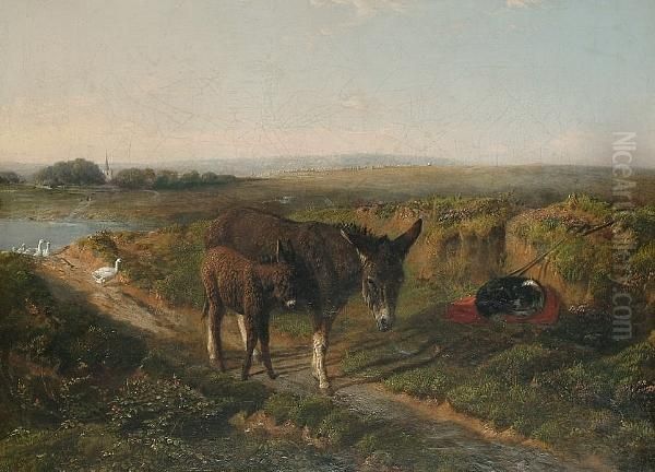 Donkeys On A Track, A Dog Resting Nearby Oil Painting by Friedrich Wilhelm Keyl