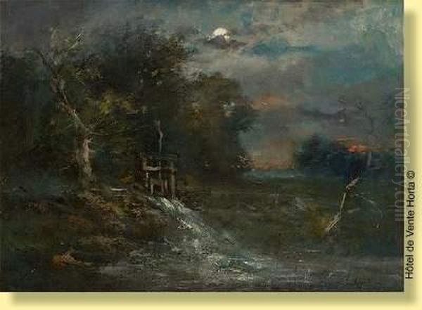 Coucher De Soleil Sur L'ecluse Oil Painting by Emile Keymeulen