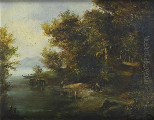 Waiting Forthe Ferry, A Wooded Landscape With Figures Oil Painting by George Scott Keys