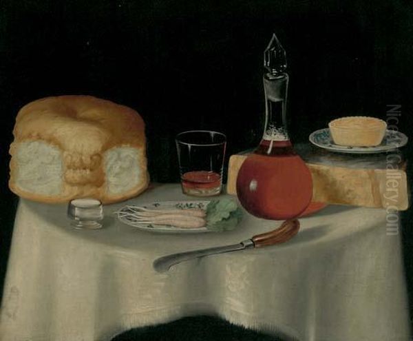 A Still Life With Bread, Cheese, A Pie, Radishes In A Dish, And A Decanter Of Ale, On A Table Oil Painting by Thomas Keyse Gloucester