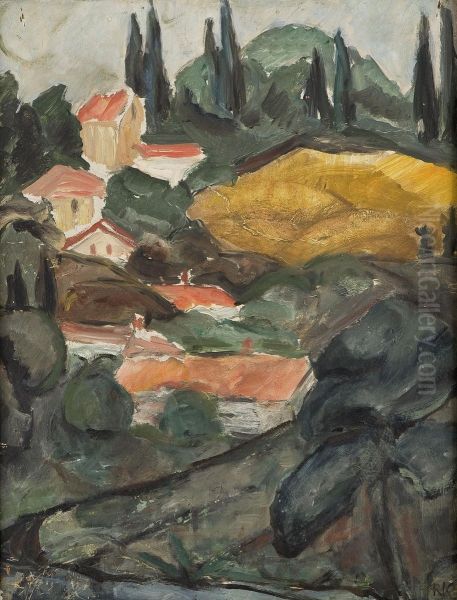 Sydlandsk Landskap Med Hus Oil Painting by Ragnhild Keyser