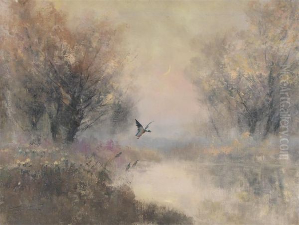 Misty Lake With Duck Landing Oil Painting by Lazlo Kezdy Kovacs