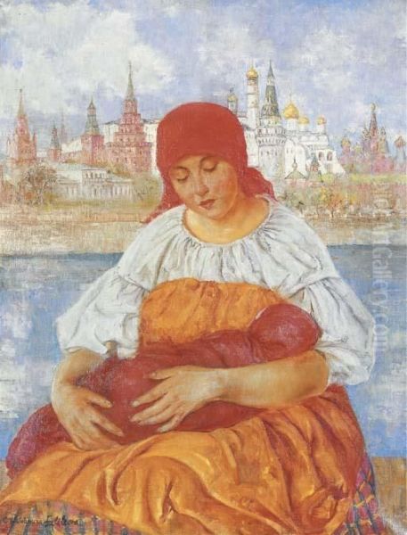 Mother And Child In Front Of The Kremlin Oil Painting by Ekaterina Khachura Falileeva