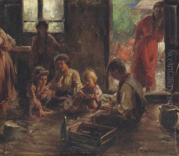 Peasant Children Playing In A Hut Oil Painting by Nikolai Vasilievich Kharitonov