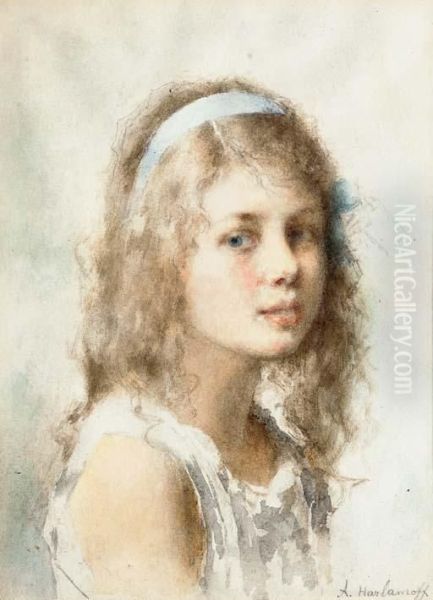 Portrait Of Young Girl With Blue Ribbon Oil Painting by Alexei Alexeivich Harlamoff