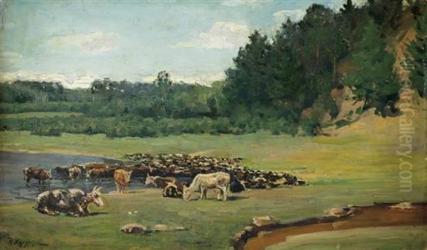 Landscape With Cows Oil Painting by Nikolay Khokhryakov