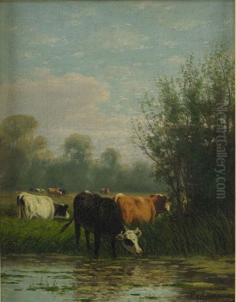 Landscape With Cows Oil Painting by Mikhail Ivanovich Kholodovsky