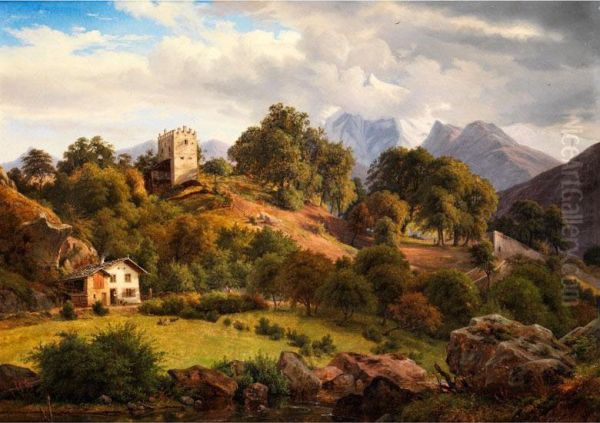 Sudalpine Landschaft Mit Zinnenbekrontem Rittergutturm Und
Darunter Stehendem Bauerngehoft Mit Steinbelegtem
Schindeldach Oil Painting by Frederik Kiaerskou