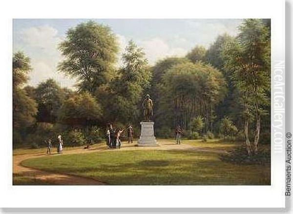 Scene De Parc Avec Statue D'adam Wilhelm Moltke Admiree Par Plusieurs Observateurs. Oil Painting by Frederik J.C. Kiaerskou