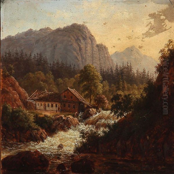 View From Norway With A Water Mill At A Stream Oil Painting by F. C. Kiaerschou