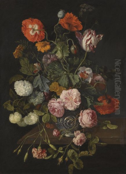 A Still Life With Parrot Tulips, Poppies, Roses, Snow Balls, And Other Flowers In A Glass Vase Over A Stone Ledge Oil Painting by Cornelis Kick